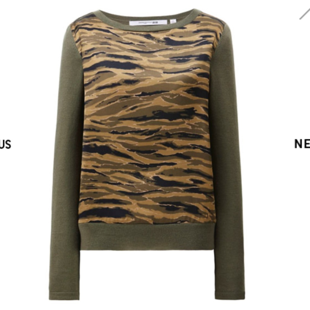 UNIQLO x Carine Roitfeld Camouflage Silk Front Wool Olive Tan Sweater, L
